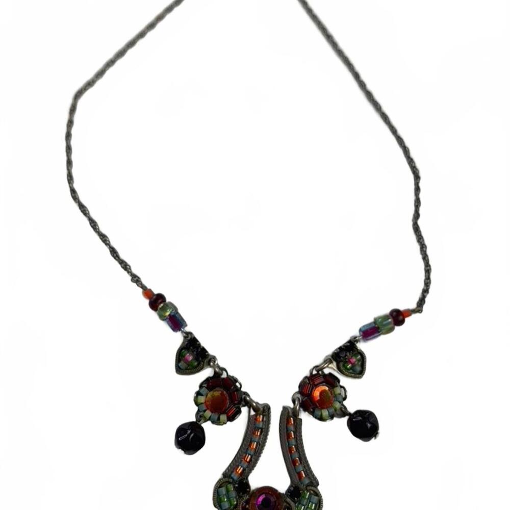Ayala Bar Silvertone Multi-Color Glass Abstract Harp Necklace - Picture 2 of 4